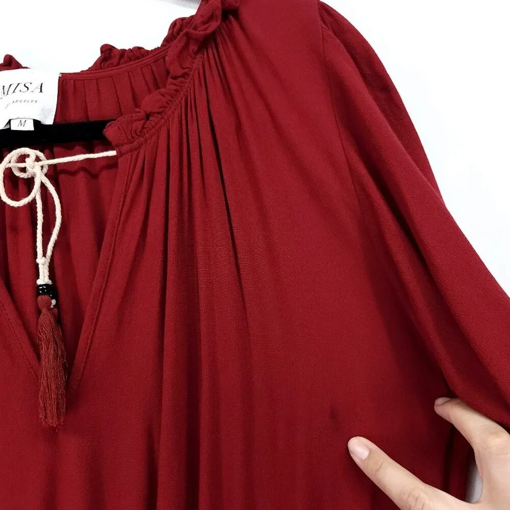 Misa Los Angeles Lorena Mini Dress Medium Tiered Long Sleeve V-Neck Red